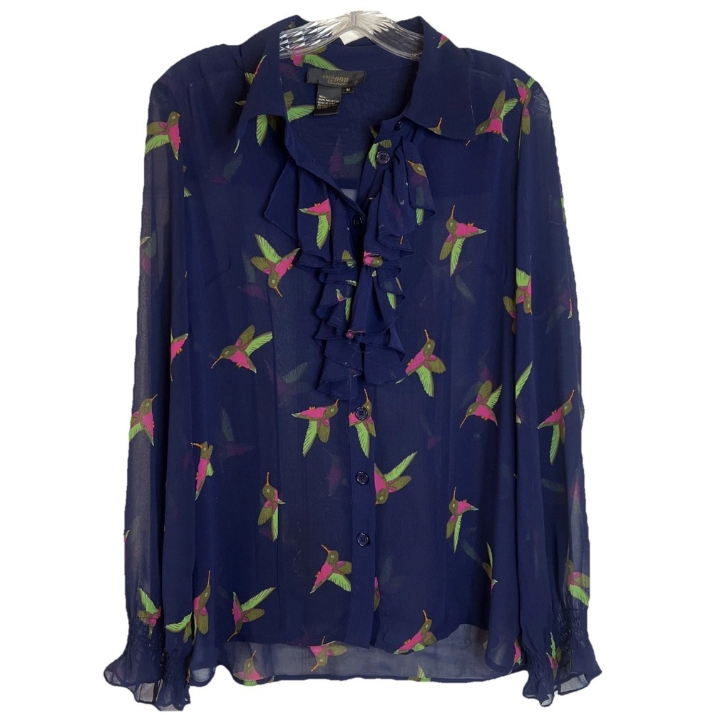 Twiggy‎ London Hummingbird Navy Long Sleeve Blouse Chiffon Cheer Size Medium